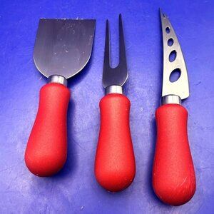 Red Handle 3 Piece Stainless Steel Cheese Knife Fork Spreader Serving Charcutier
